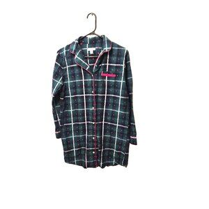 Lord&Taylor Cotton Plaid Nightshirt Pajama Top M Green with Red Embroidered Dots